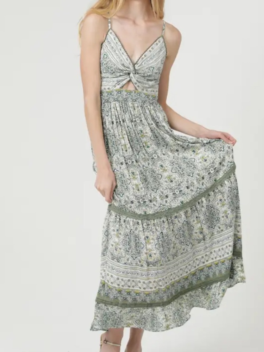 Angie Olive & White Floral Twist-Front Maxi Dress